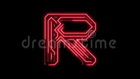 动画红色霓虹灯发光字母字母R作为电路板风格视频的预览图