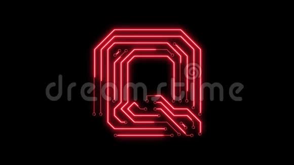 动画红色霓虹灯发光字母字母Q作为电路板风格视频的预览图