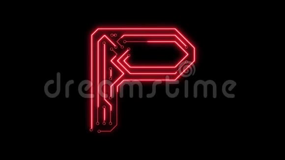 动画红色霓虹灯发光字母P作为电路板风格视频的预览图