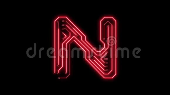 动画红色霓虹灯发光字母字母N作为电路板风格视频的预览图