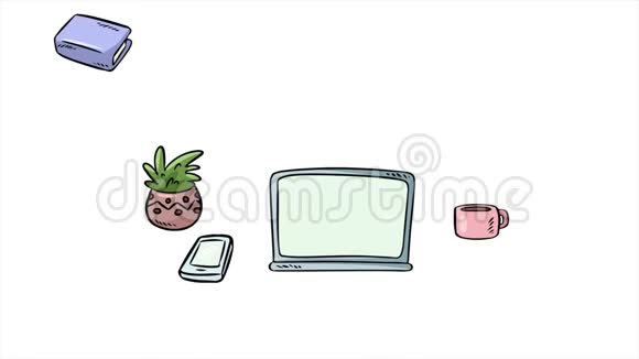 工作空间内部卡通风格自由家庭办公室介绍横幅出现在办公桌上的物品笔记本电脑电脑视频的预览图