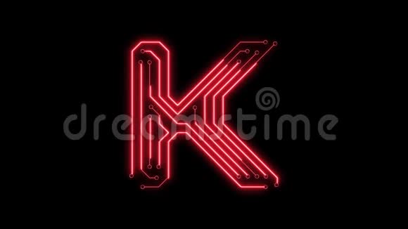 动画红色霓虹灯发光字母K作为电路板风格视频的预览图