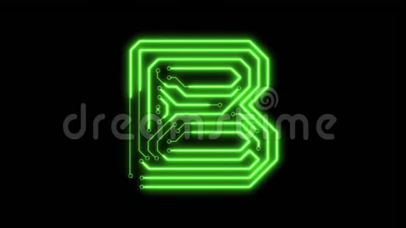 动画绿色霓虹灯发光字母B作为电路板风格视频的预览图