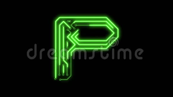 动画绿色霓虹灯发光字母字母P作为电路板风格视频的预览图