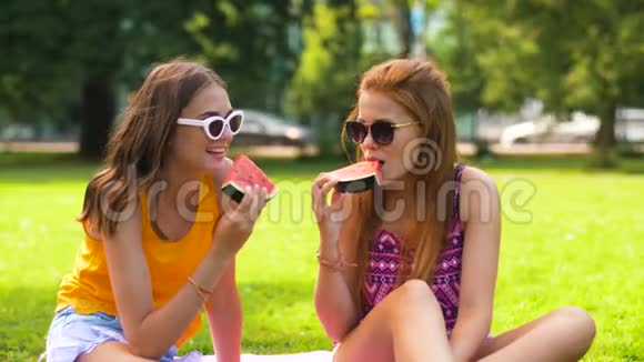 在公园野餐时吃西瓜的少女视频的预览图