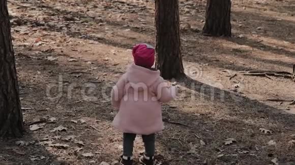 美丽的小女孩独自走在森林里视频的预览图