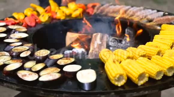 圆形烧烤架里面有明火准备夏季野餐的食物玉米茄子铃椒视频的预览图