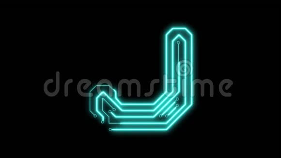 动画蓝色霓虹灯发光字母字母J作为电路板风格视频的预览图