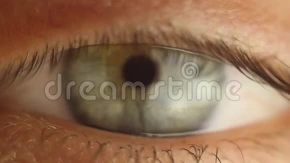 眨巴着雄性眼睛特写的看着周围眼球宏观上的红色动脉瞳孔对光的反应Mioz和Midriaz视频的预览图