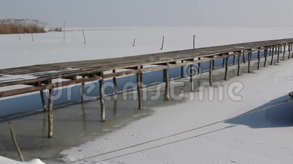 多瑙河三角洲的码头和冰冻湖视频的预览图