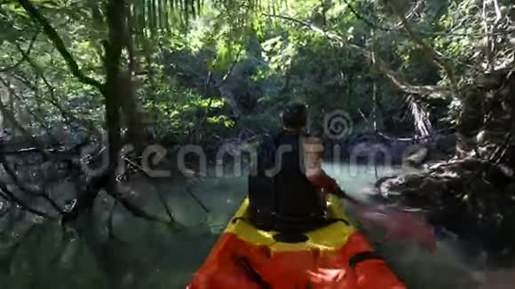 老人在皮划艇上漂流在高高的树枝间视频的预览图