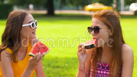 在公园野餐时吃西瓜的少女视频的预览图