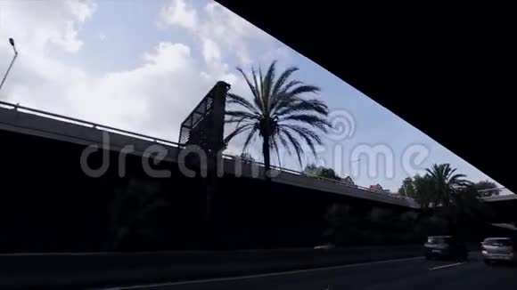在城市中桥的剪影处观看夏日阳光明媚棕榈树开车的路视频的预览图