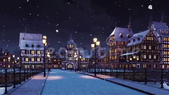 冬天的雪夜里空荡荡的中世纪小镇视频的预览图
