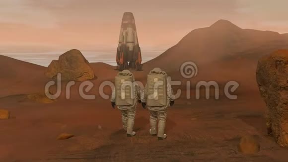 火星上的殖民地两名宇航员在火星表面行走探索火星任务未来殖民和空间探索视频的预览图
