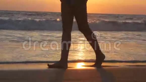 日出时年轻女子沿着海边的腿日落时女性赤脚在海边行走女孩视频的预览图