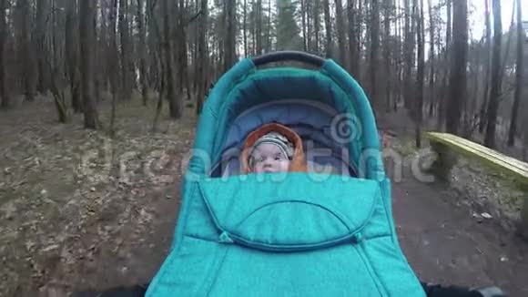 小女孩在马车里的树林里环顾四周4K视频的预览图