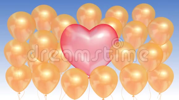 粉红色的气球在蓝天背景上被金色的气球包围着形状像心脏无缝循环视频的预览图