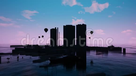 日落时分在海中看到摩天大楼的轮廓视频的预览图