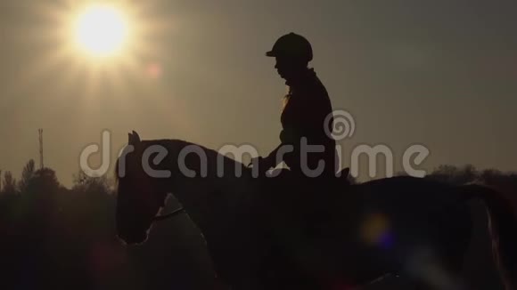 日落时骑马的剪影慢动作侧视图视频的预览图