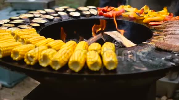 圆形烧烤架里面有明火准备夏季野餐的食物玉米茄子铃椒视频的预览图