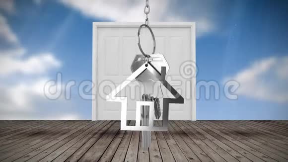 房子钥匙和钥匙挂在门打开的背景上视频的预览图