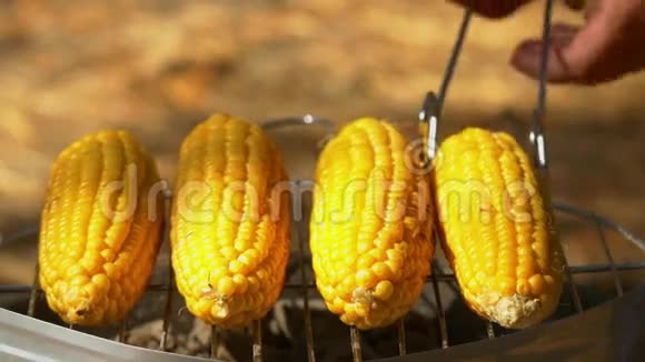 健康的素食烧烤成熟的黄金玉米视频的预览图