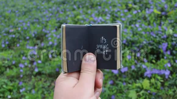 它的春天用文字写书用蓝色的花朵写春田视频的预览图