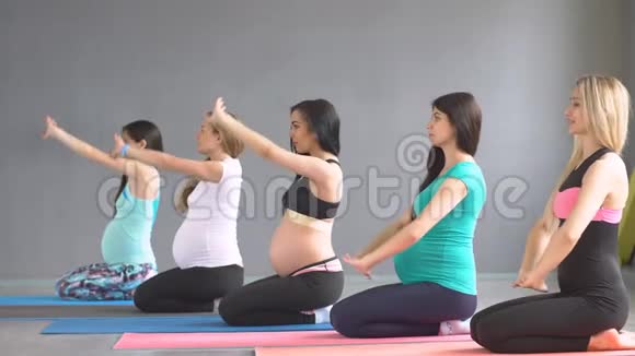 一群从事瑜伽的孕妇怀孕女孩积极的生活方式视频的预览图