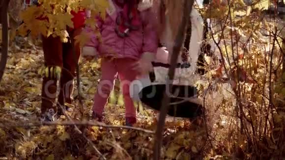母亲女儿和儿子在秋天公园散步视频的预览图
