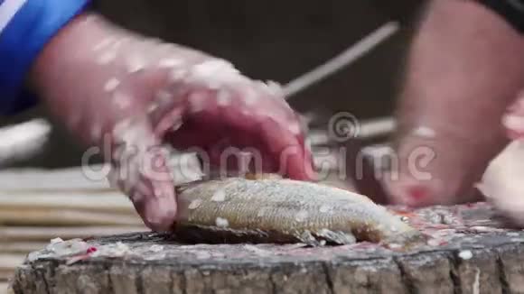 渔民清洗和切割新鲜鱼视频的预览图