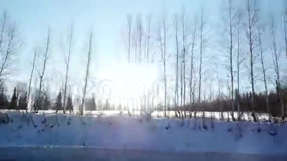 从空中观看汽车沿着白雪皑皑的山路行驶阳光透过树木照耀3840x2160视频的预览图
