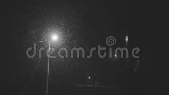 夜间在路灯周围实时降落雪花平静的小雪在黑色背景上拍摄天衣无缝视频的预览图