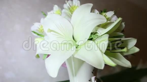 花瓶中白色婚纱百合花的景色视频的预览图