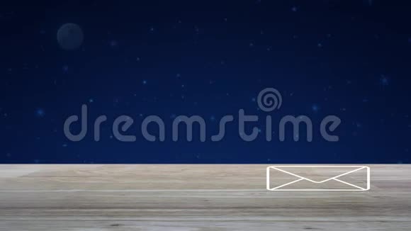 电子邮件平面图标木桌上幻想夜空和月亮商务联系我们的在线概念视频的预览图
