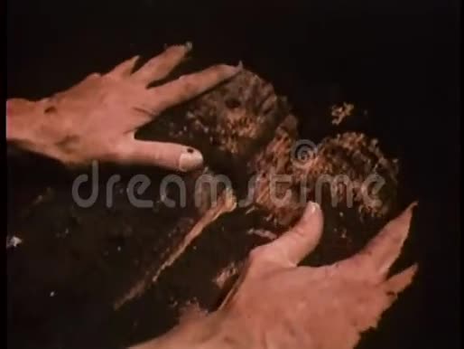 从木棺中取出泥土的特写镜头视频的预览图