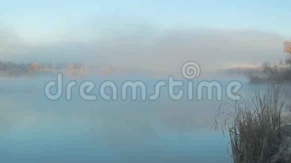 在寒冷的早晨湖面上的晨雾视频的预览图