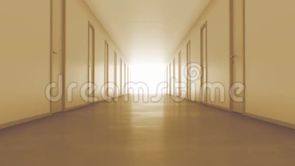 隧道尽头的灯光移动到光无缝3d动画在温暖的光线下有紧闭的门的无尽走廊视频的预览图