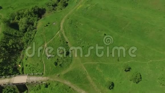 草地的空中景色城堡废墟上郁郁葱葱的绿色田野上的一幕幕视频的预览图