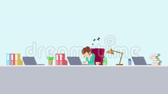 在办公室工作的女商人又累又睡卡通动画的商业概念平面循环动画视频的预览图