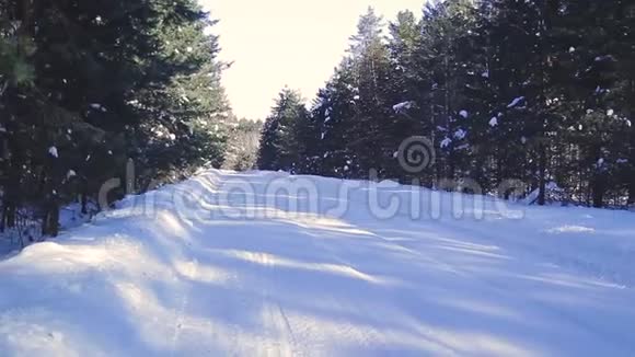 从窗户看一辆移动的汽车在冬天的雪道上穿过森林冬天在俄罗斯视频的预览图