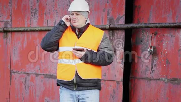 工人在金属门附近用手机说话视频的预览图