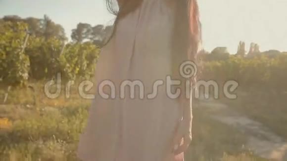 在葡萄园里穿着轻盈飘逸的裙子的女孩视频的预览图