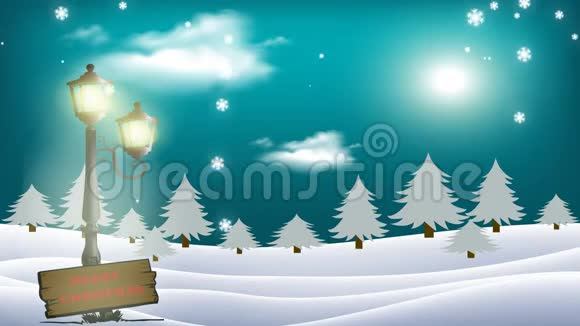 圣诞快乐动画圣诞卡与闪亮的月亮和美丽的云彩和雪花飘落视频的预览图