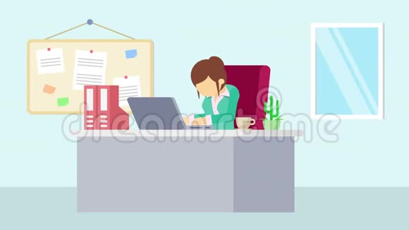 在办公室工作的女商人伸展卡通动画的商业概念平面循环动画视频的预览图