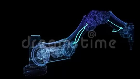 工业机器人三维机器人手的发光点和线形成旋转无缝回路4k动画数字数字视频的预览图