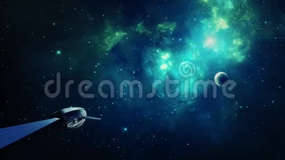 太空场景蓝色和绿色星云有行星和宇宙飞船美国宇航局提供的元素3D绘制视频的预览图