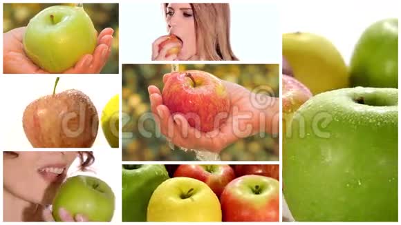 苹果蒙太奇包括水果和健康的年轻女性视频的预览图