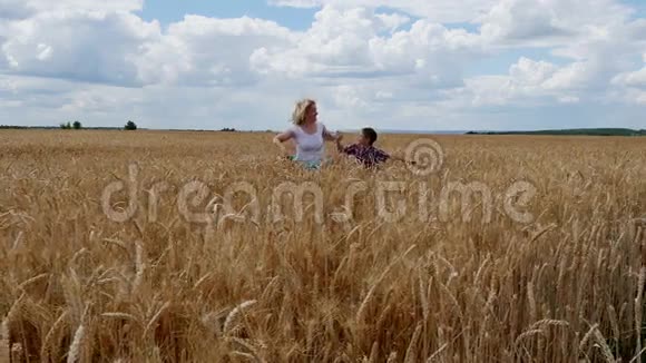 母子俩在麦田上奔跑一个幸福的家庭视频的预览图