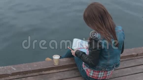 迷人的女孩坐在靠近大海的木墩上视频的预览图